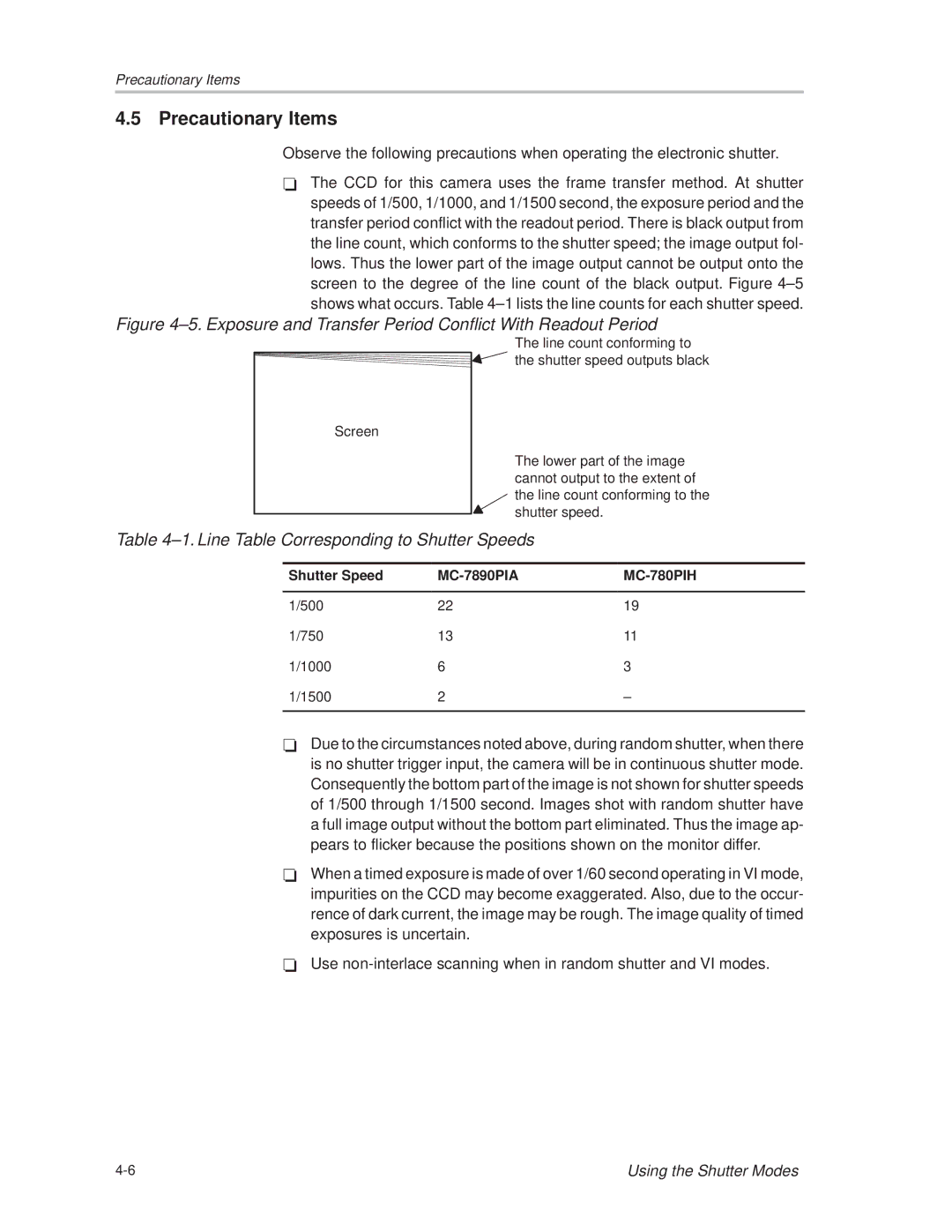 Texas Instruments MC-780PIx manual Precautionary Items, ±1. Line Table Corresponding to Shutter Speeds 