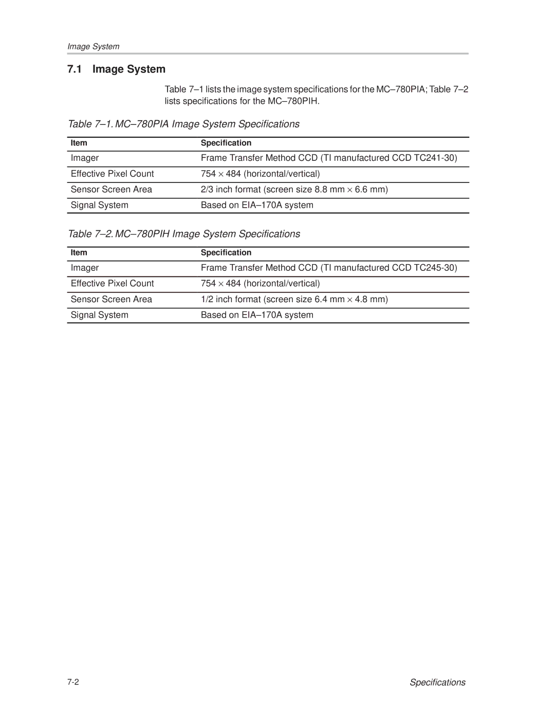 Texas Instruments MC-780PIx manual ±1. MC±780PIA Image System Specifications, ±2. MC±780PIH Image System Specifications 