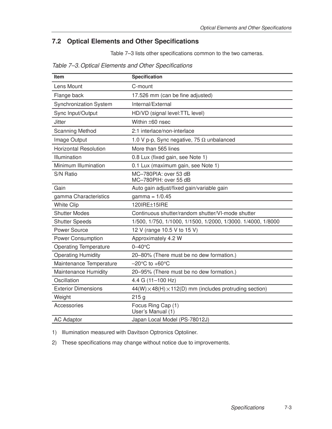 Texas Instruments MC-780PIx manual ±3. Optical Elements and Other Specifications 