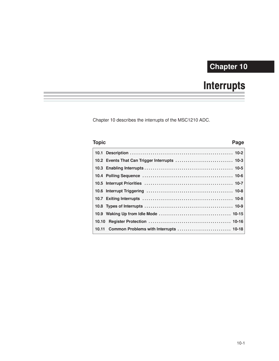 Texas Instruments manual Describes the interrupts of the MSC1210 ADC 