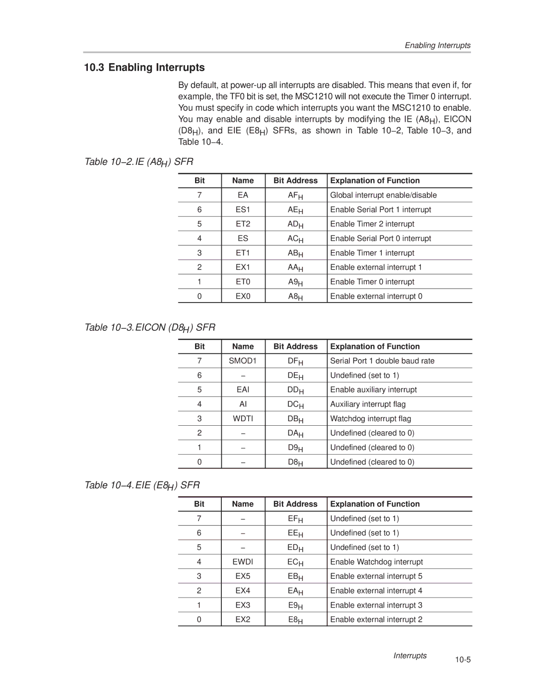 Texas Instruments MSC1210 manual Enabling Interrupts, 2.IE A8 H SFR, 3.EICON D8 H SFR, 4.EIE E8 H SFR 