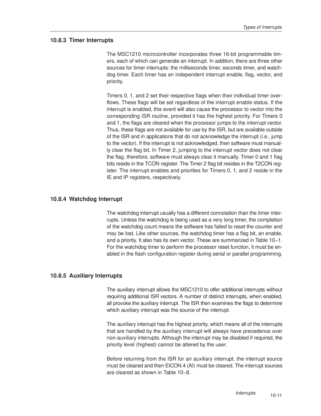 Texas Instruments MSC1210 manual Timer Interrupts, Watchdog Interrupt, Auxiliary Interrupts 
