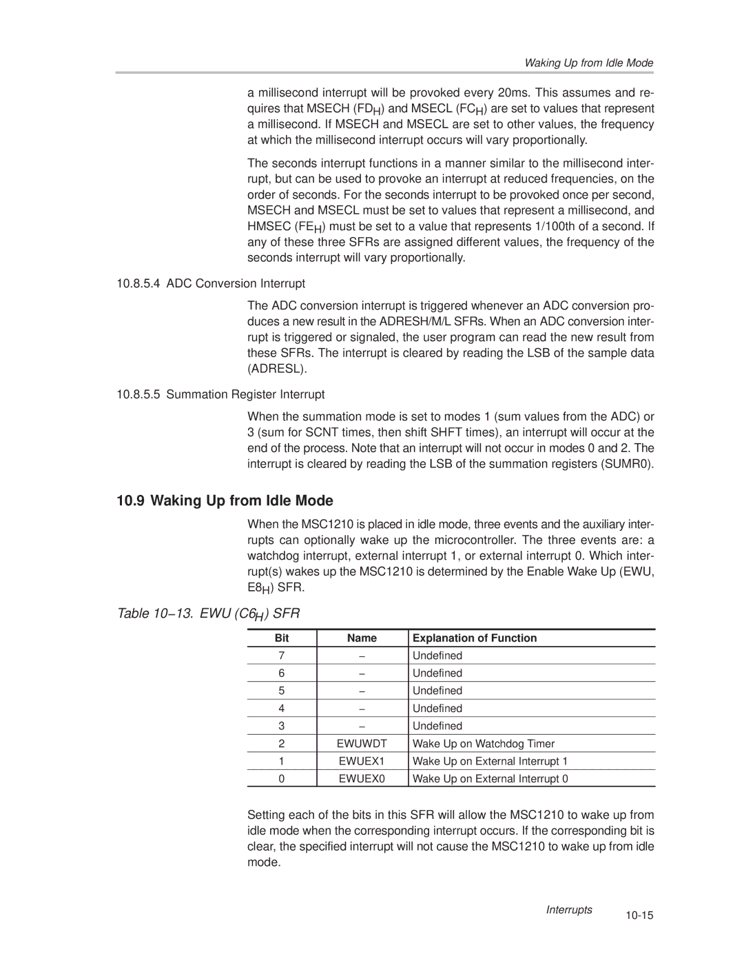 Texas Instruments MSC1210 manual Waking Up from Idle Mode, 13. EWU C6 H SFR 