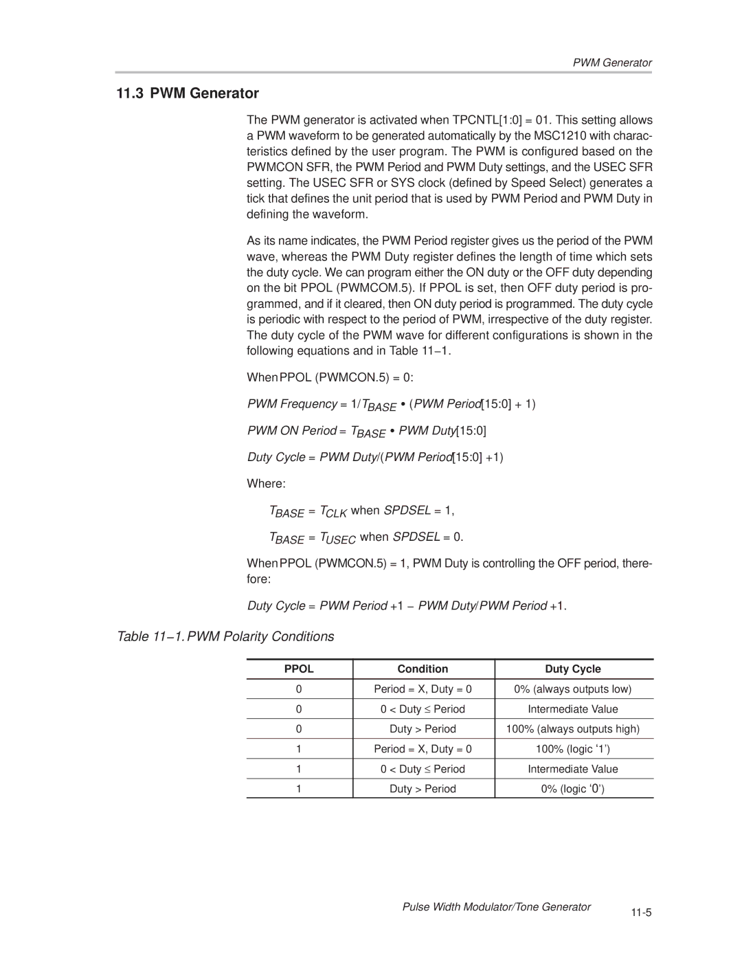 Texas Instruments MSC1210 PWM Generator, 1. PWM Polarity Conditions, Duty Cycle = PWM Period +1 − PWM Duty/PWM Period +1 