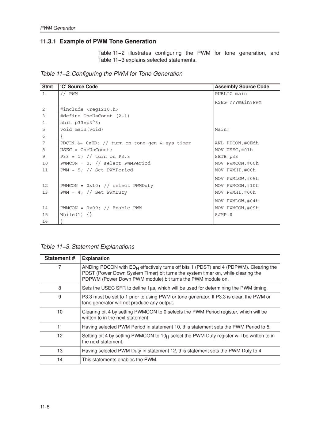 Texas Instruments MSC1210 manual Example of PWM Tone Generation, 2. Configuring the PWM for Tone Generation 