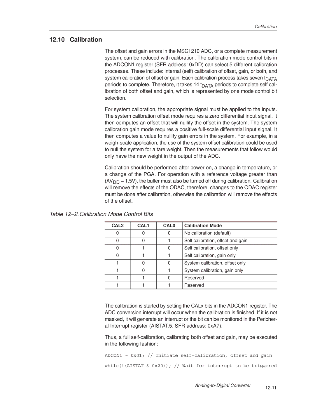 Texas Instruments MSC1210 manual 2.Calibration Mode Control Bits 