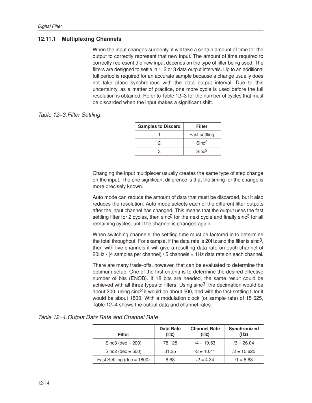 Texas Instruments MSC1210 manual Multiplexing Channels, 3.Filter Settling, 4.Output Data Rate and Channel Rate 