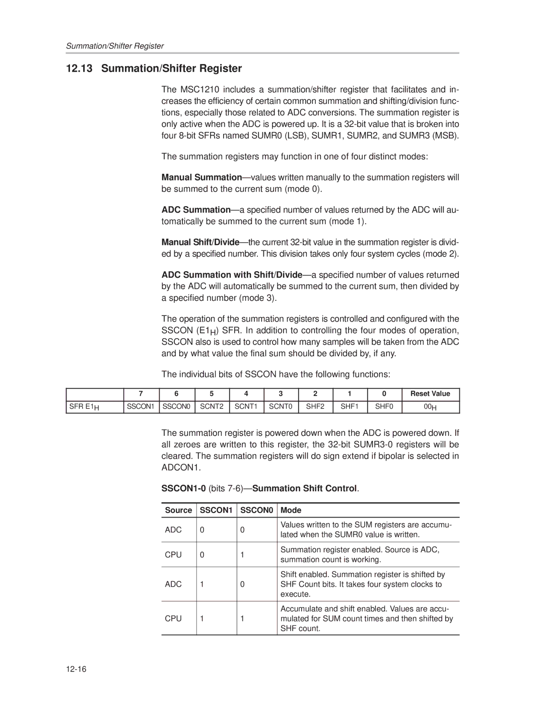 Texas Instruments MSC1210 manual Summation/Shifter Register, Source 