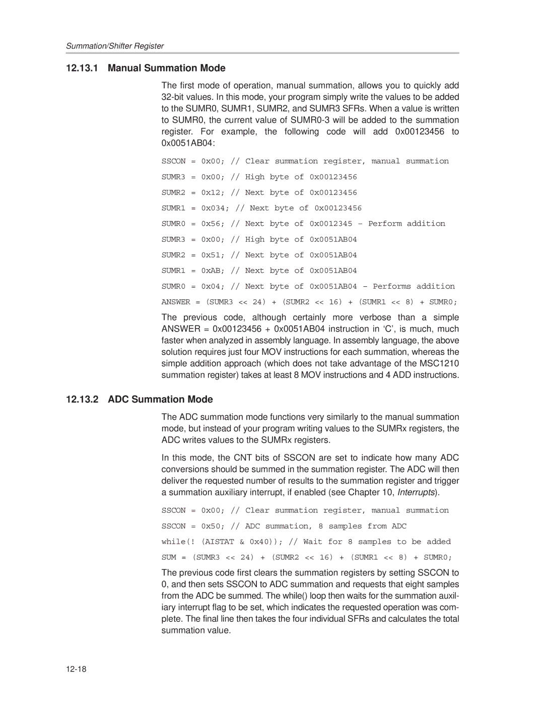 Texas Instruments MSC1210 manual Manual Summation Mode, ADC Summation Mode 