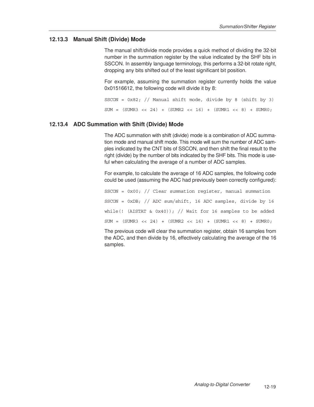Texas Instruments MSC1210 manual Manual Shift Divide Mode, ADC Summation with Shift Divide Mode 