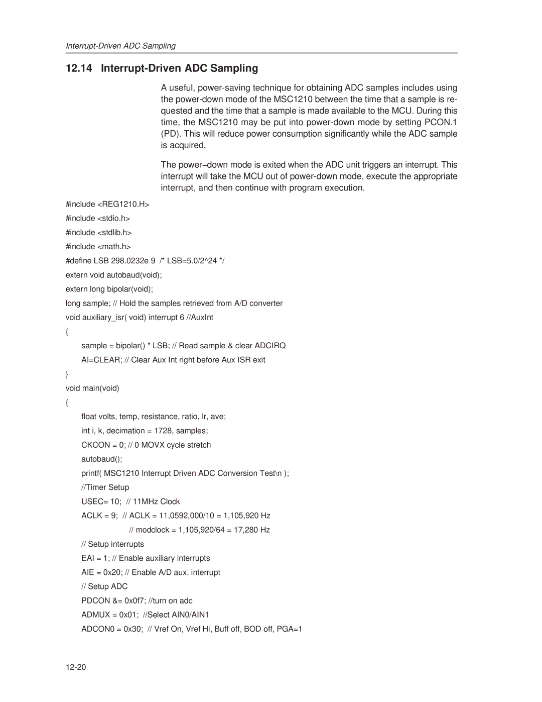 Texas Instruments MSC1210 manual Interrupt-Driven ADC Sampling 