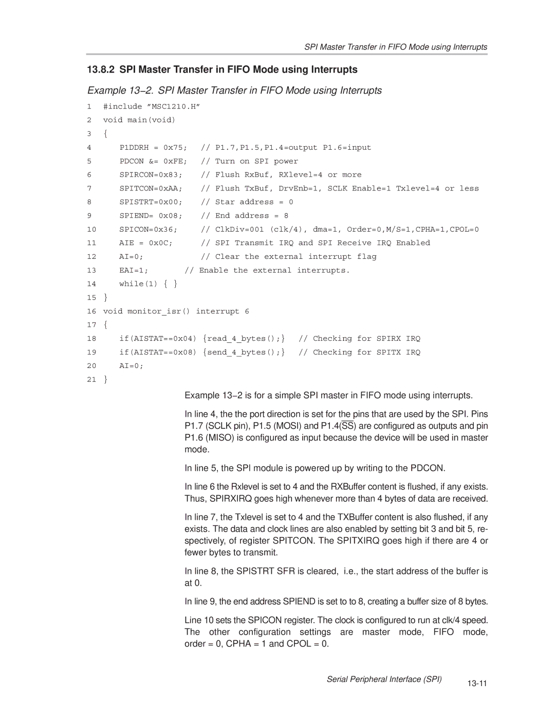 Texas Instruments MSC1210 manual SPI Master Transfer in Fifo Mode using Interrupts 