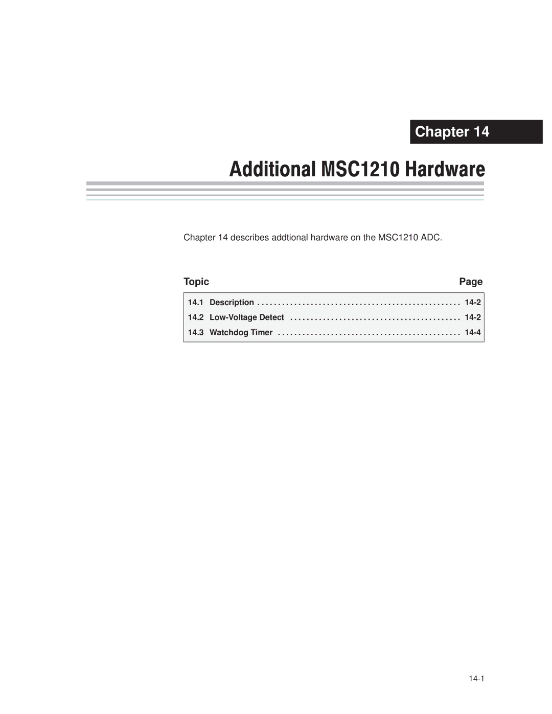 Texas Instruments MSC1210 manual Description 14-2, Low-Voltage Detect 14-2, Watchdog Timer 14-4 