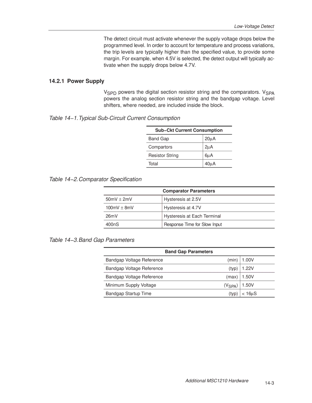 Texas Instruments MSC1210 manual Power Supply, 1.Typical Sub-Circuit Current Consumption, 2.Comparator Specification 