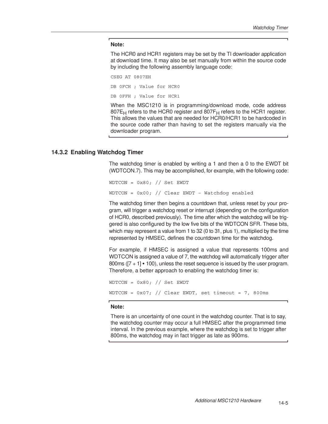 Texas Instruments MSC1210 manual Enabling Watchdog Timer 