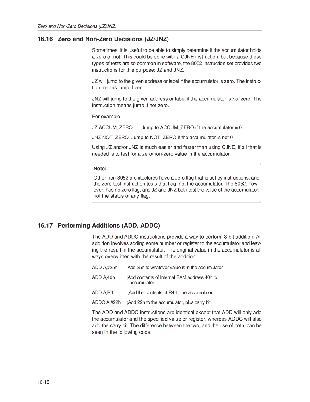 Texas Instruments MSC1210 manual Zero and Non-Zero Decisions JZ/JNZ, Performing Additions ADD, Addc 