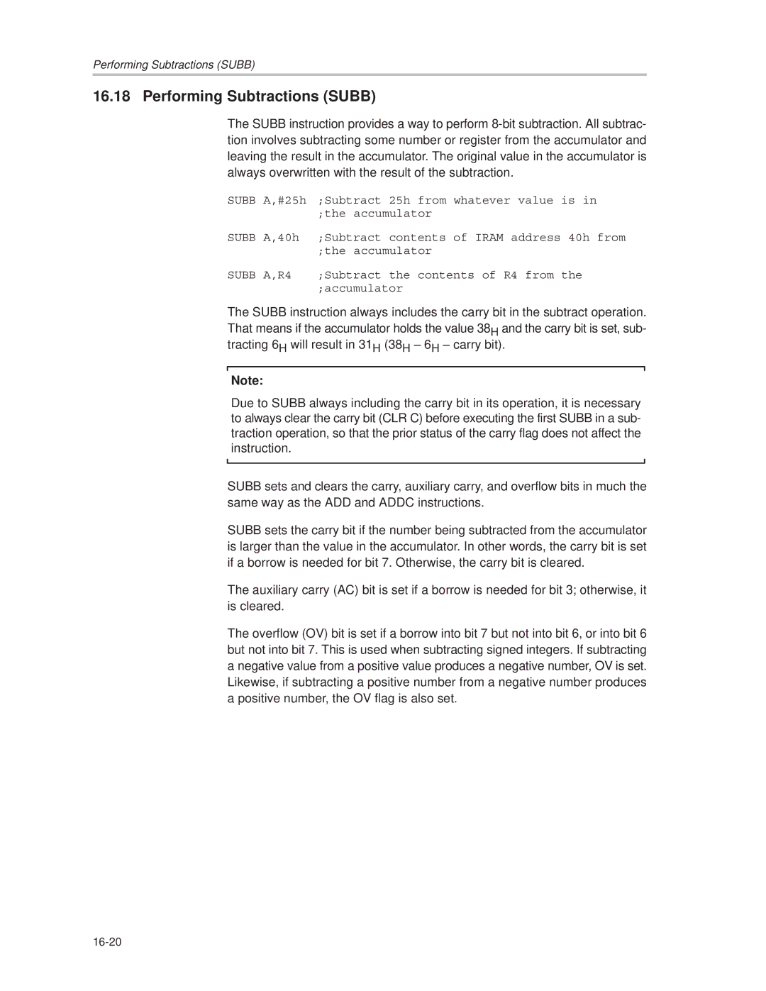 Texas Instruments MSC1210 manual Performing Subtractions Subb 