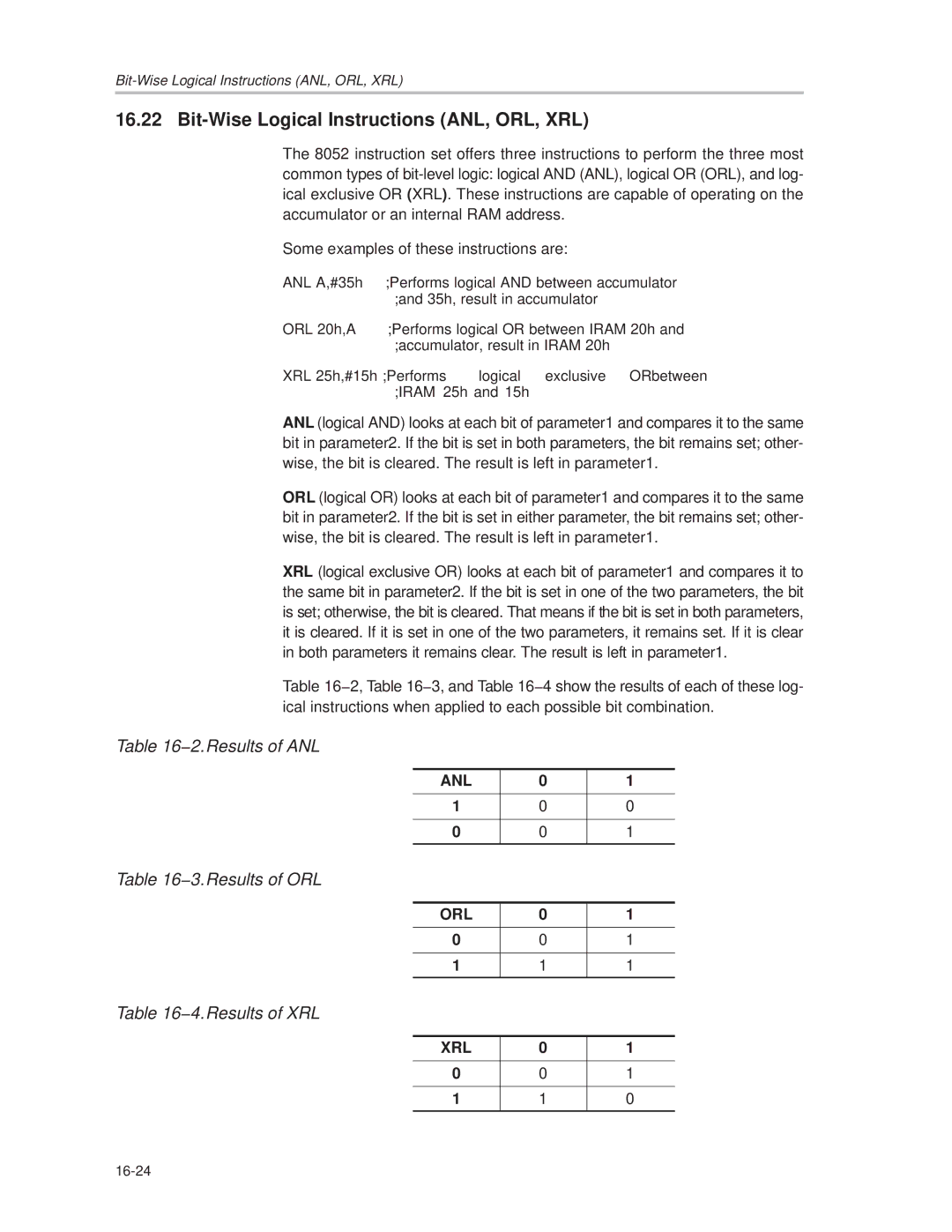 Texas Instruments MSC1210 manual Bit-Wise Logical Instructions ANL, ORL, XRL, 2.Results of ANL, 3.Results of ORL 