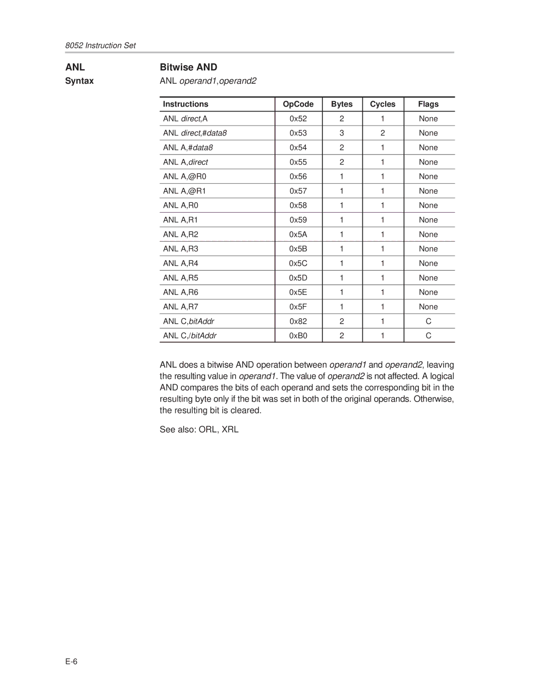 Texas Instruments MSC1210 manual Anl, Bitwise, ANL operand1,operand2 