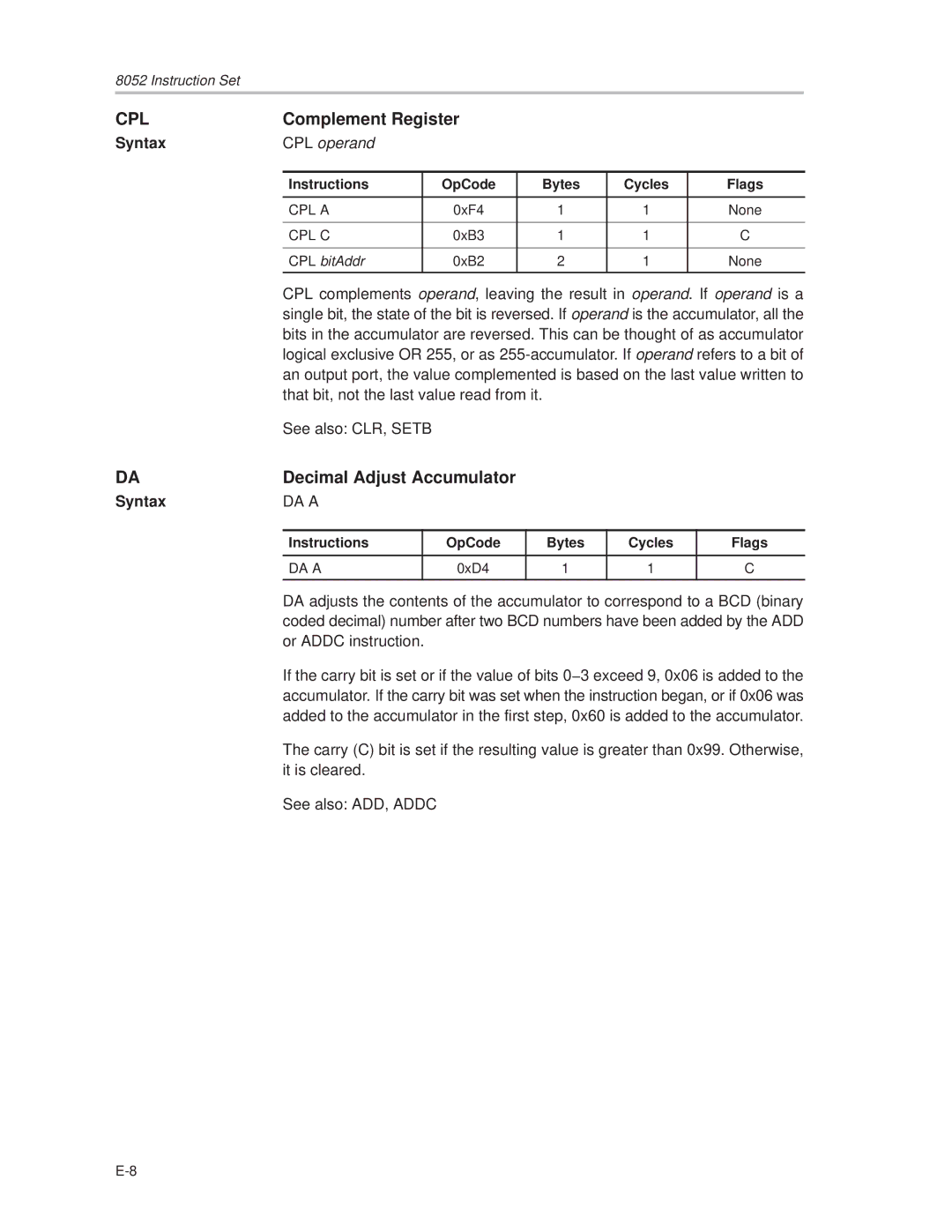 Texas Instruments MSC1210 manual Cpl, Complement Register, Decimal Adjust Accumulator, CPL operand, 0xD4 