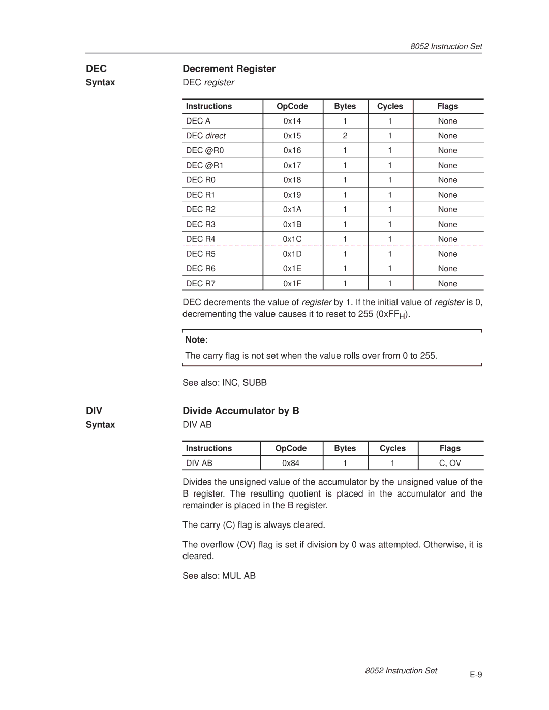 Texas Instruments MSC1210 manual DEC register, Decrementing the value causes it to reset to 255 0xFFH, See also INC, Subb 