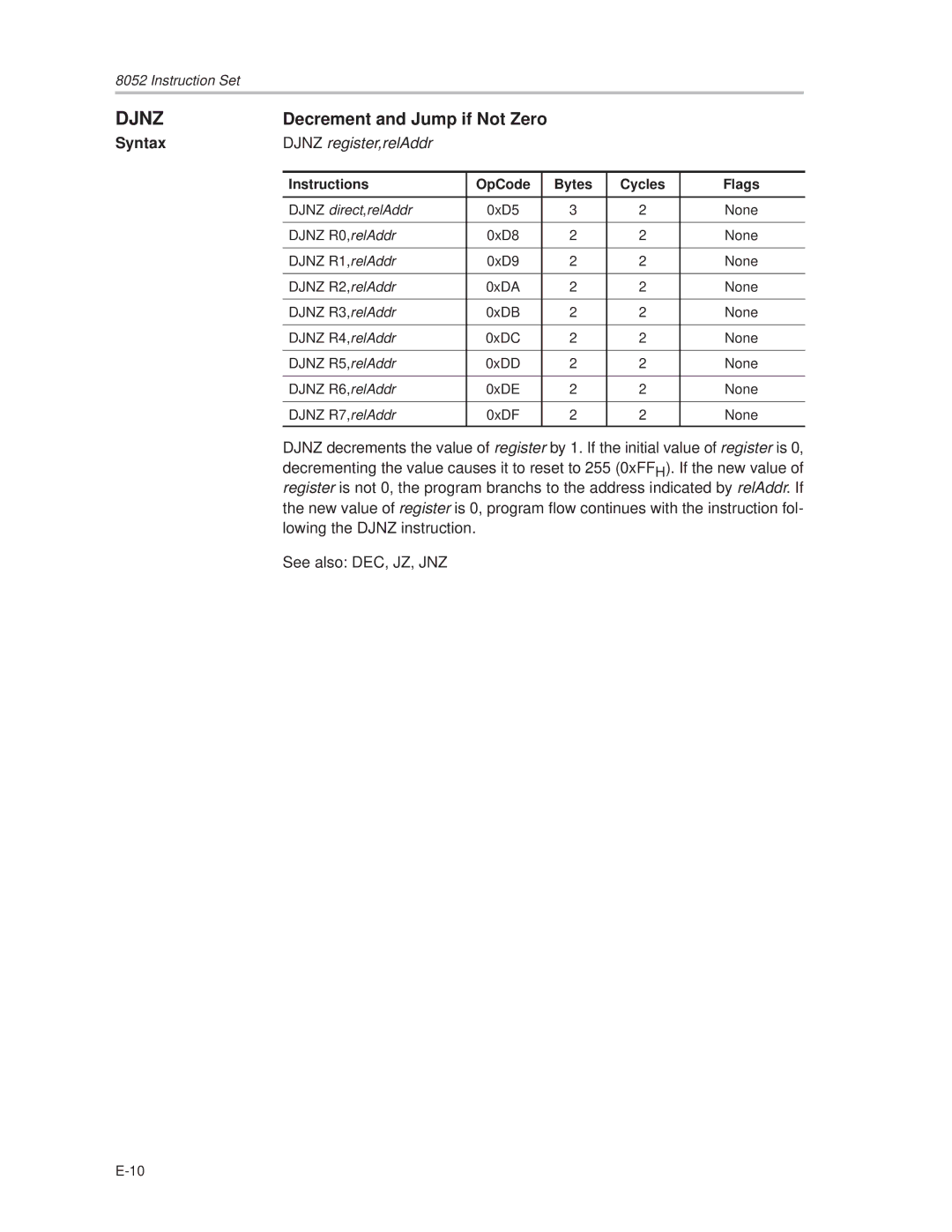 Texas Instruments MSC1210 manual Decrement and Jump if Not Zero, Djnz register,relAddr 