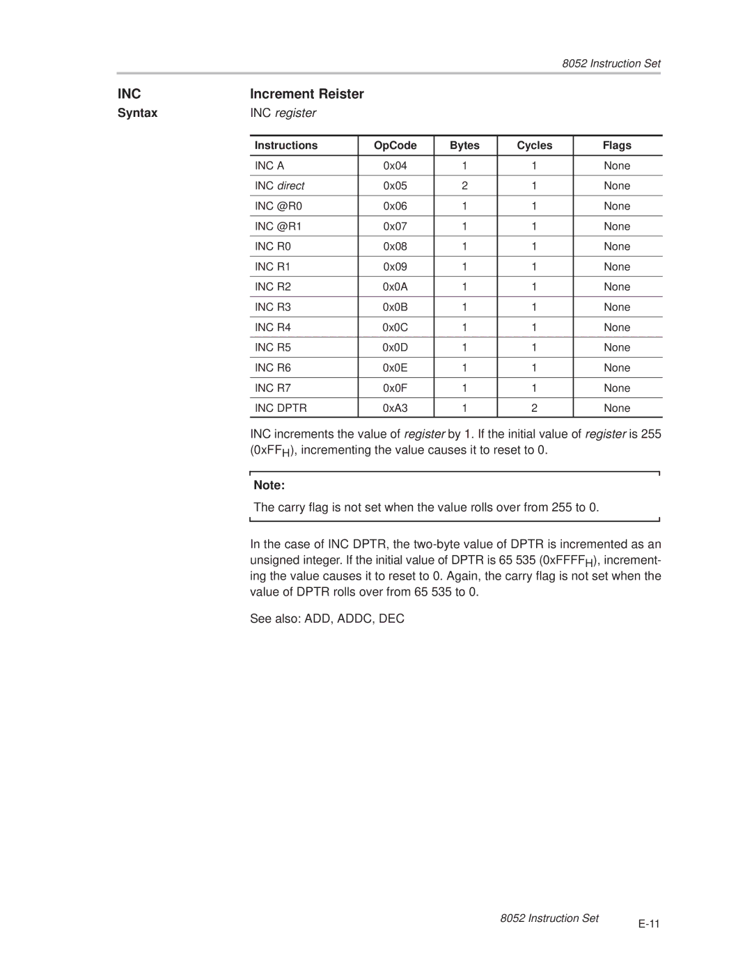 Texas Instruments MSC1210 manual Increment Reister, INC register 