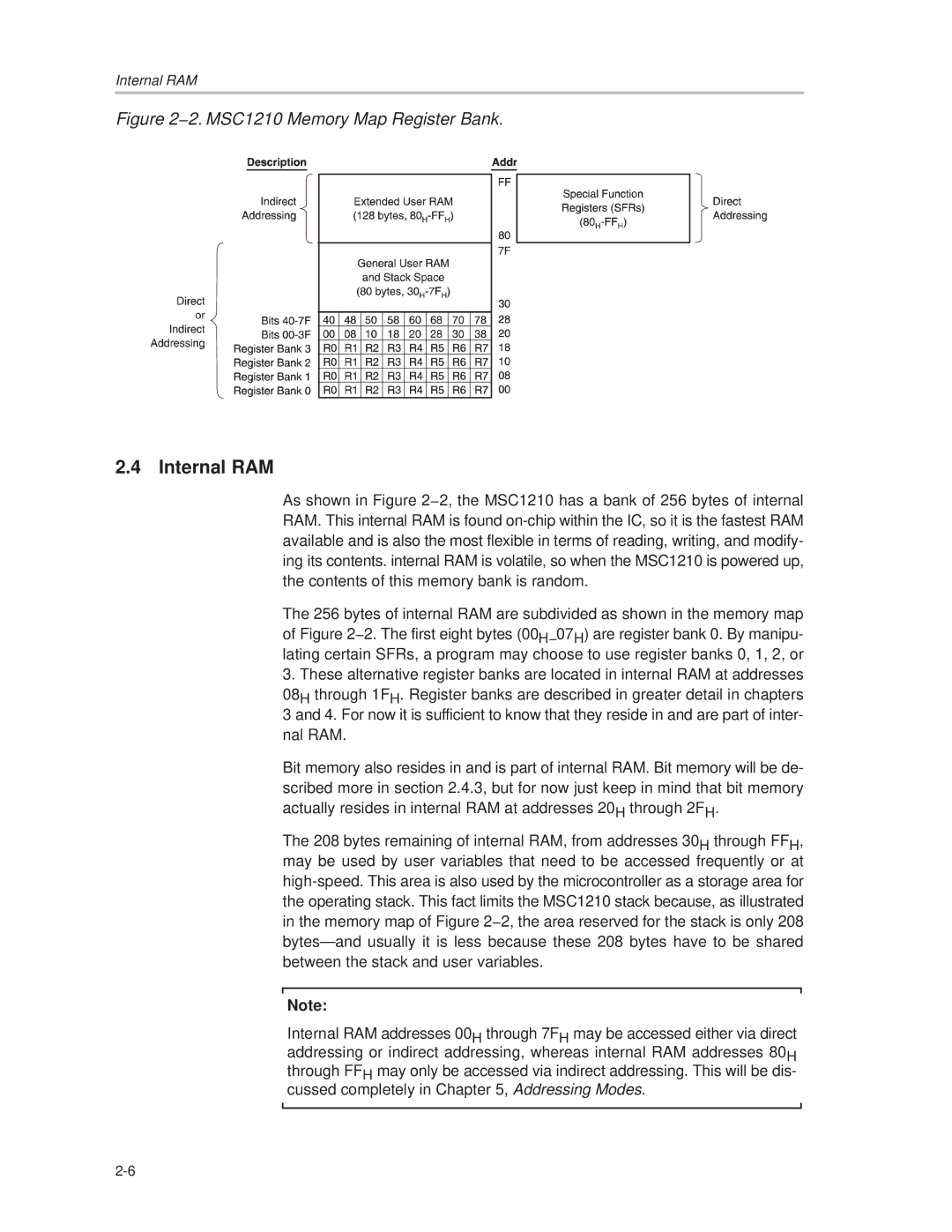 Texas Instruments manual Internal RAM, 2. MSC1210 Memory Map Register Bank 