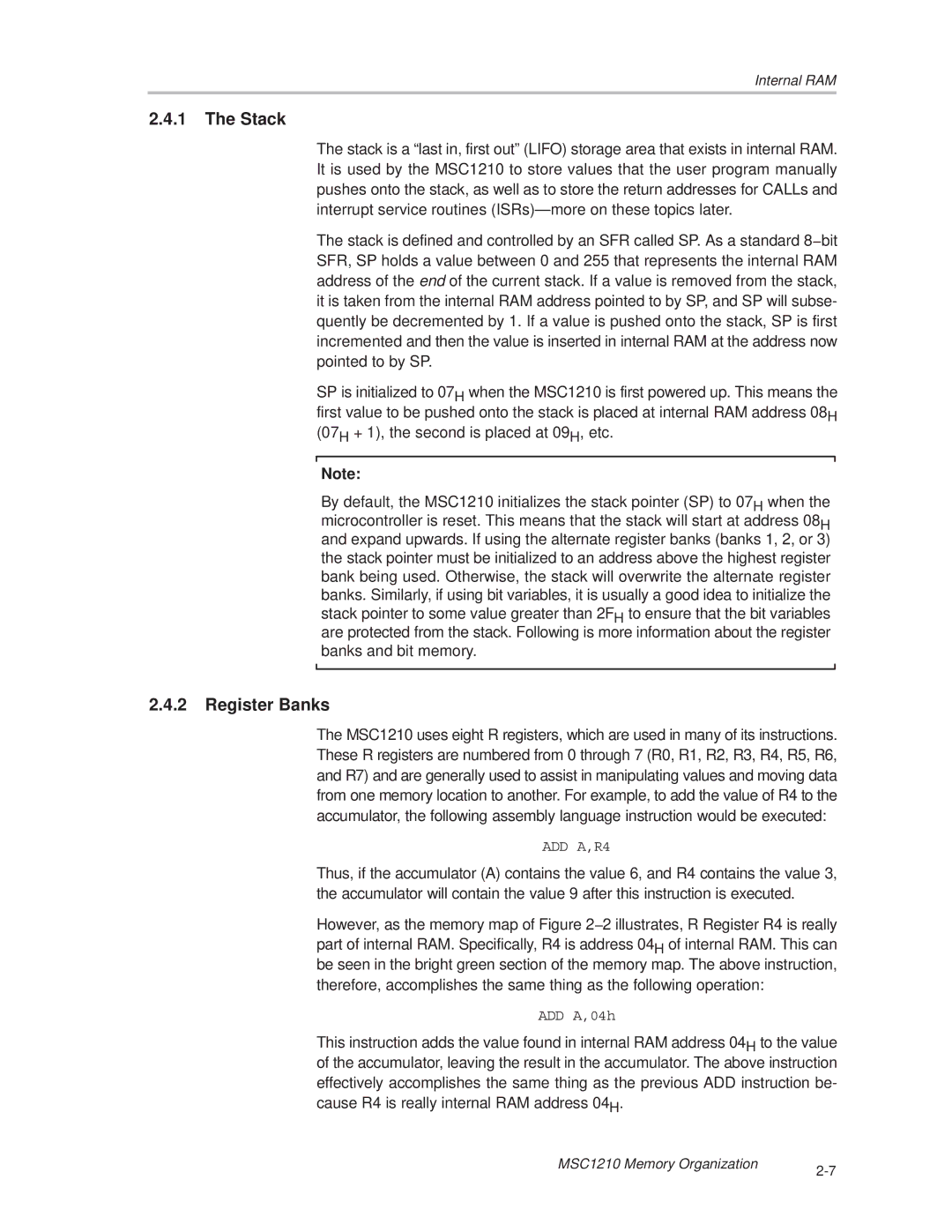 Texas Instruments MSC1210 manual Stack, Register Banks 