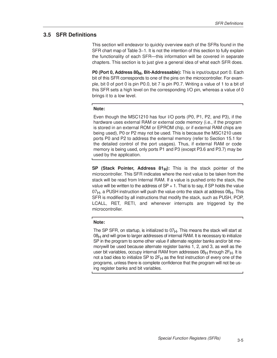 Texas Instruments MSC1210 manual SFR Definitions 