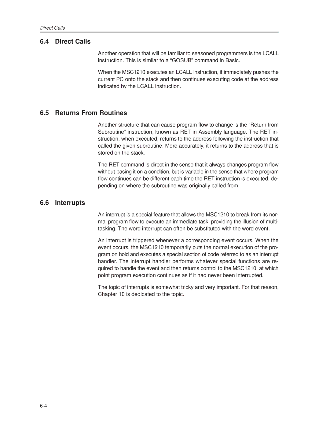 Texas Instruments MSC1210 manual Direct Calls, Returns From Routines, Interrupts 