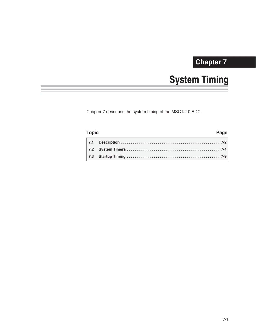 Texas Instruments MSC1210 manual Description System Timers Startup Timing 