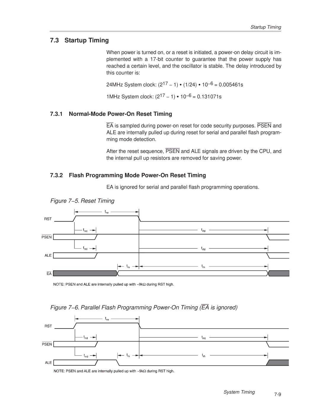 Texas Instruments MSC1210 Startup Timing, Normal-Mode Power-On Reset Timing, Flash Programming Mode Power-On Reset Timing 