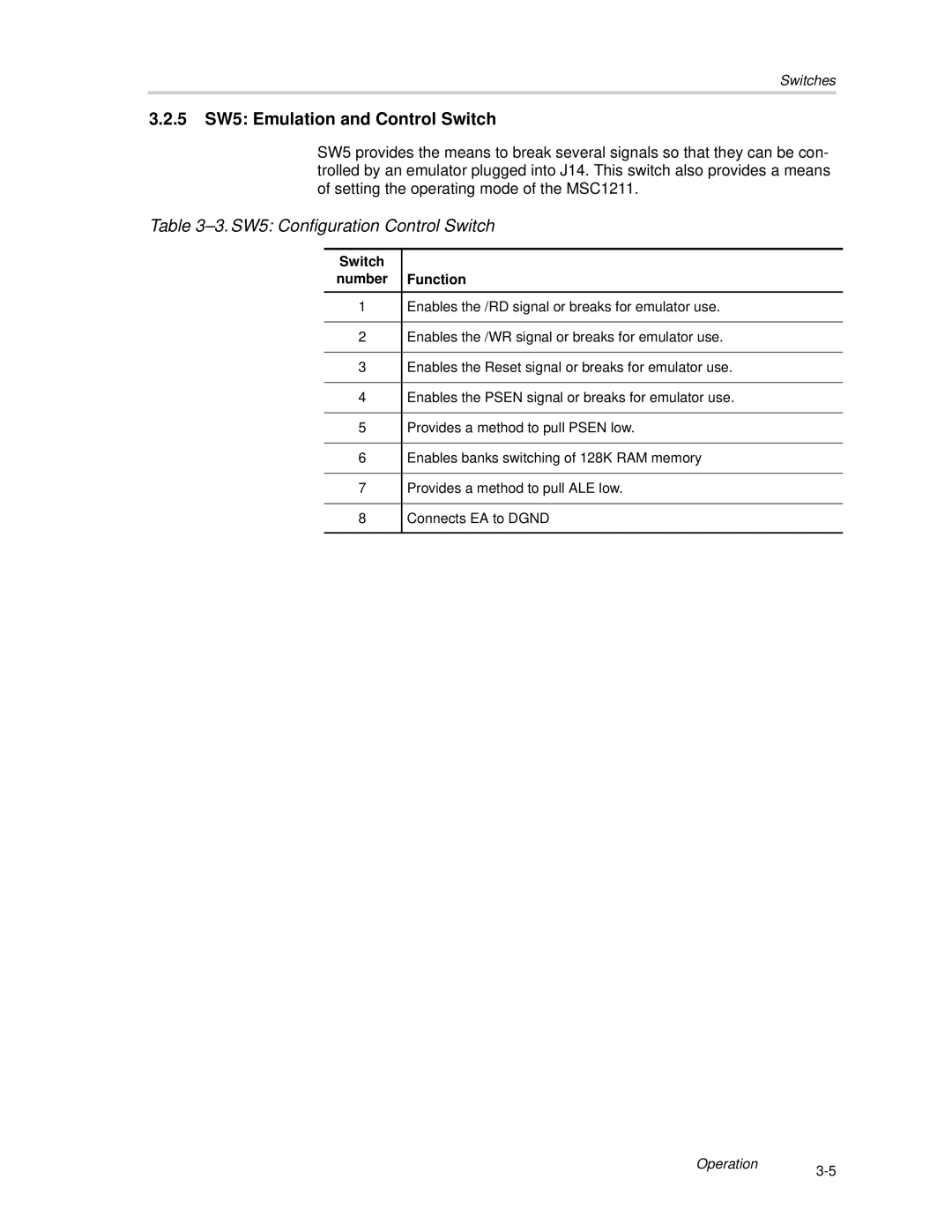 Texas Instruments MSC1211 manual 5 SW5 Emulation and Control Switch, SW5 Configuration Control Switch 