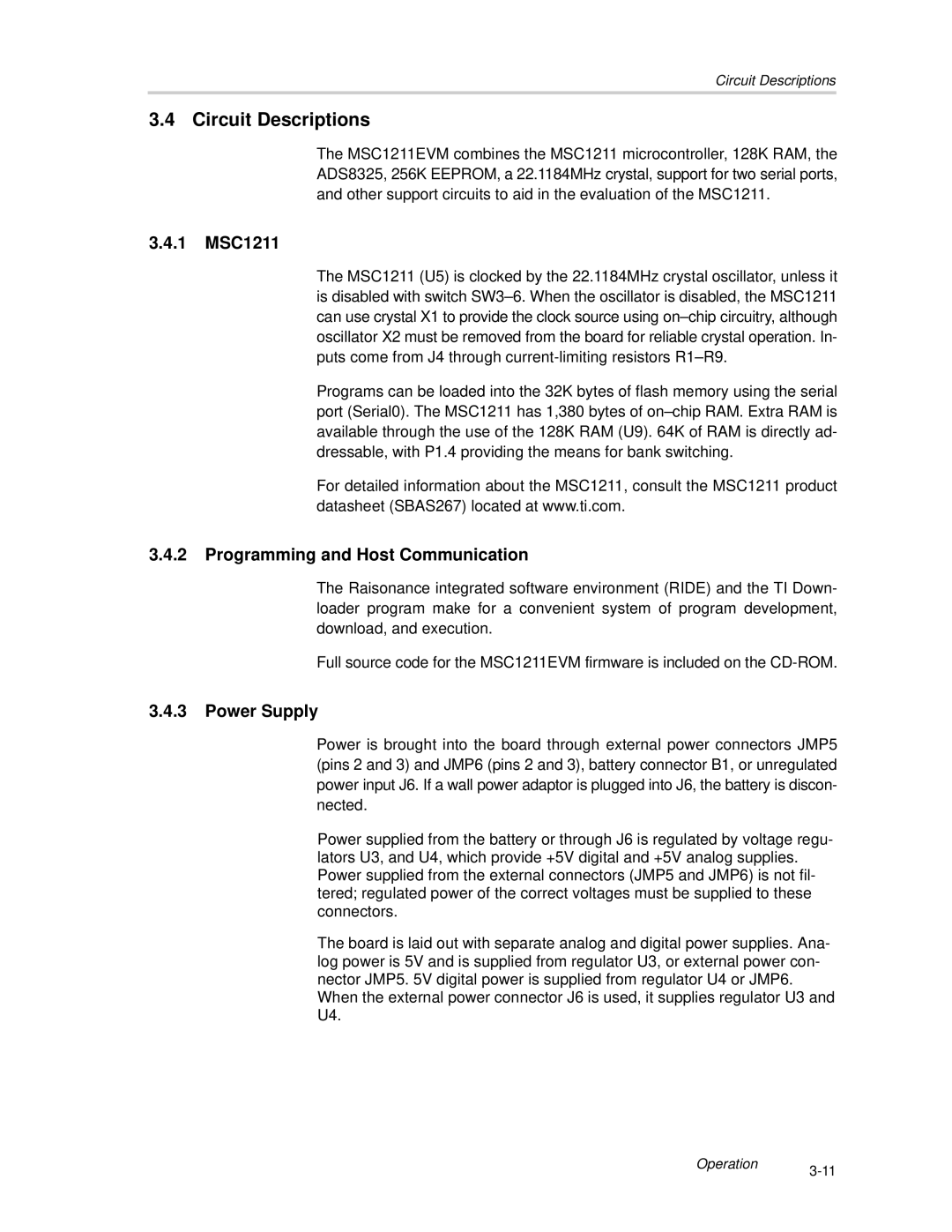 Texas Instruments manual Circuit Descriptions, 1 MSC1211, Programming and Host Communication, Power Supply 