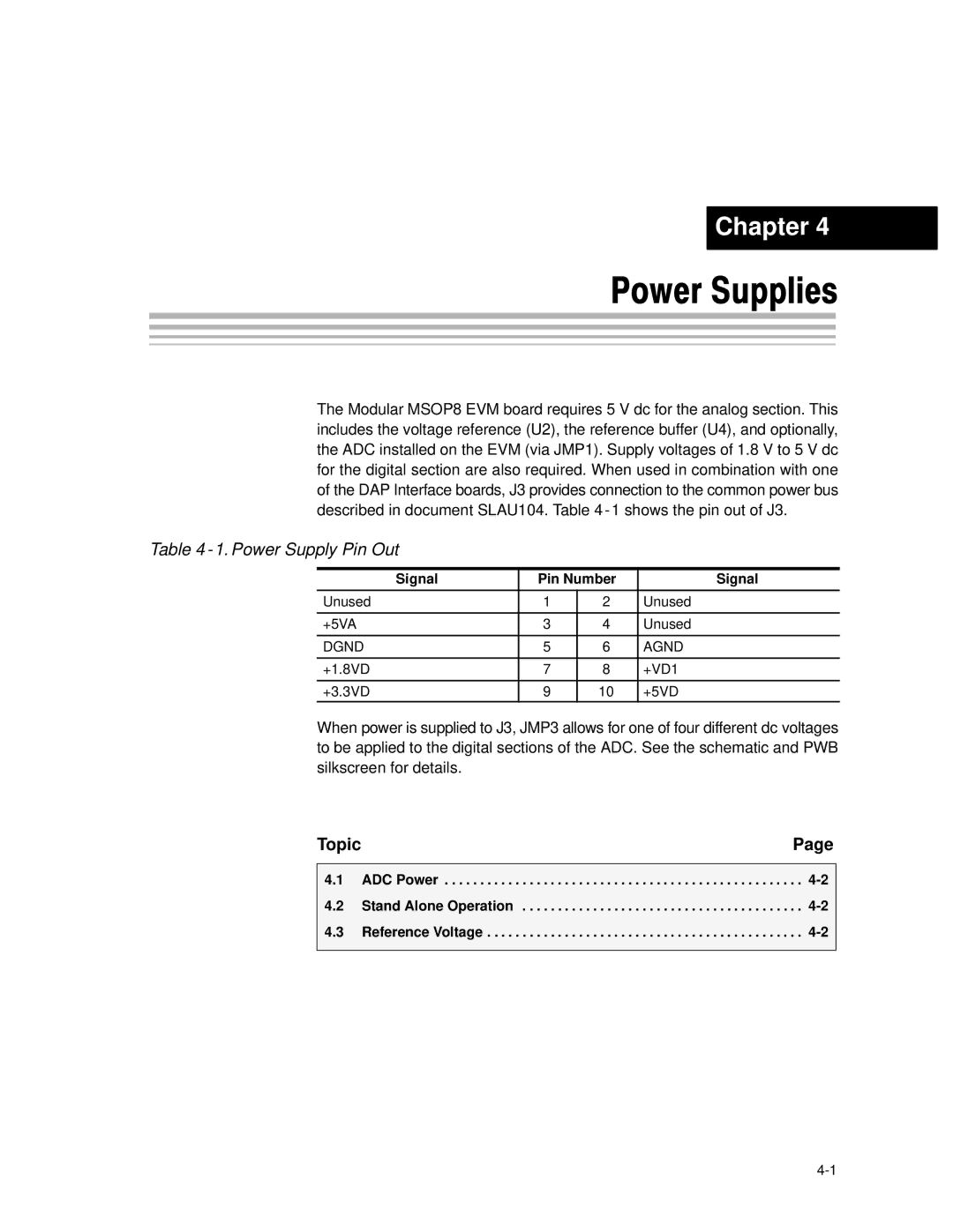 Texas Instruments MSOP8 manual Power Supplies, Power Supply Pin Out, Signal Pin Number 