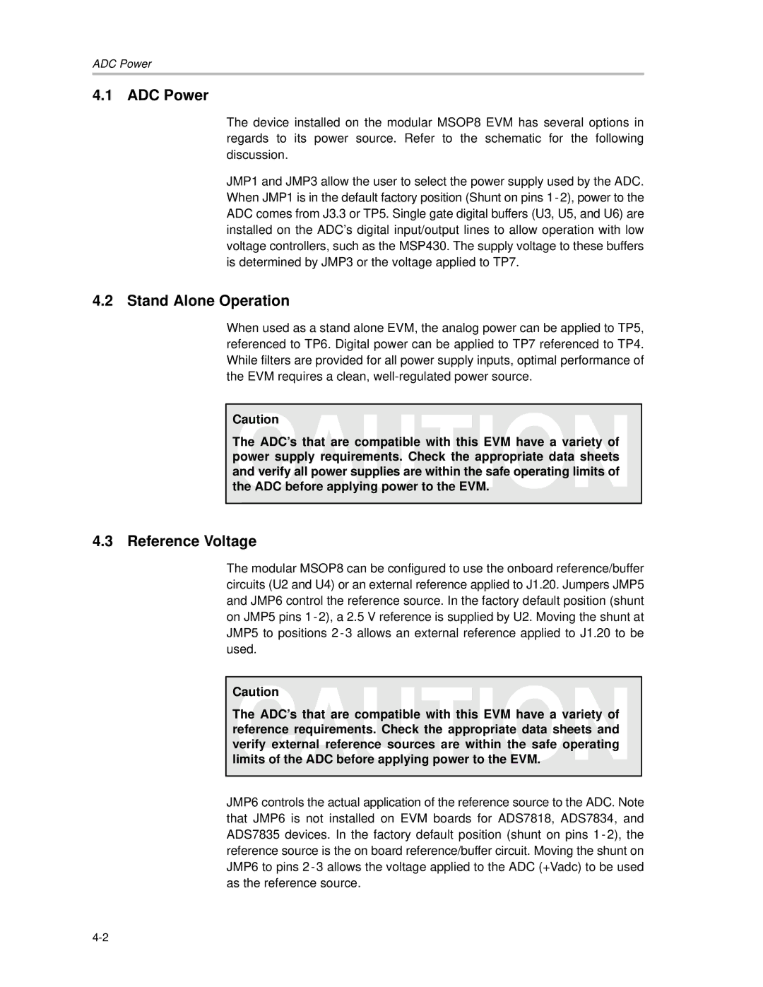 Texas Instruments MSOP8 manual ADC Power, Stand Alone Operation, Reference Voltage 