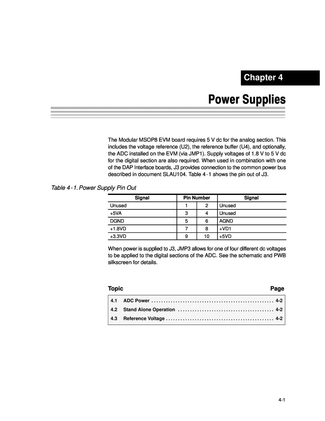 Texas Instruments MSOP8 manual Power Supplies, 1. Power Supply Pin Out, Chapter, Page, Topic 