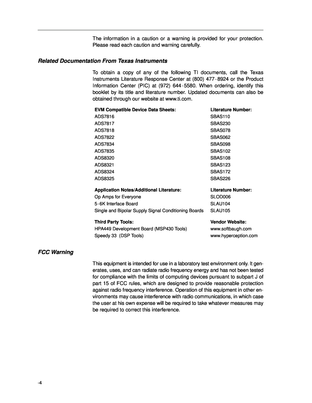 Texas Instruments MSOP8 manual Related Documentation From Texas Instruments, FCC Warning 