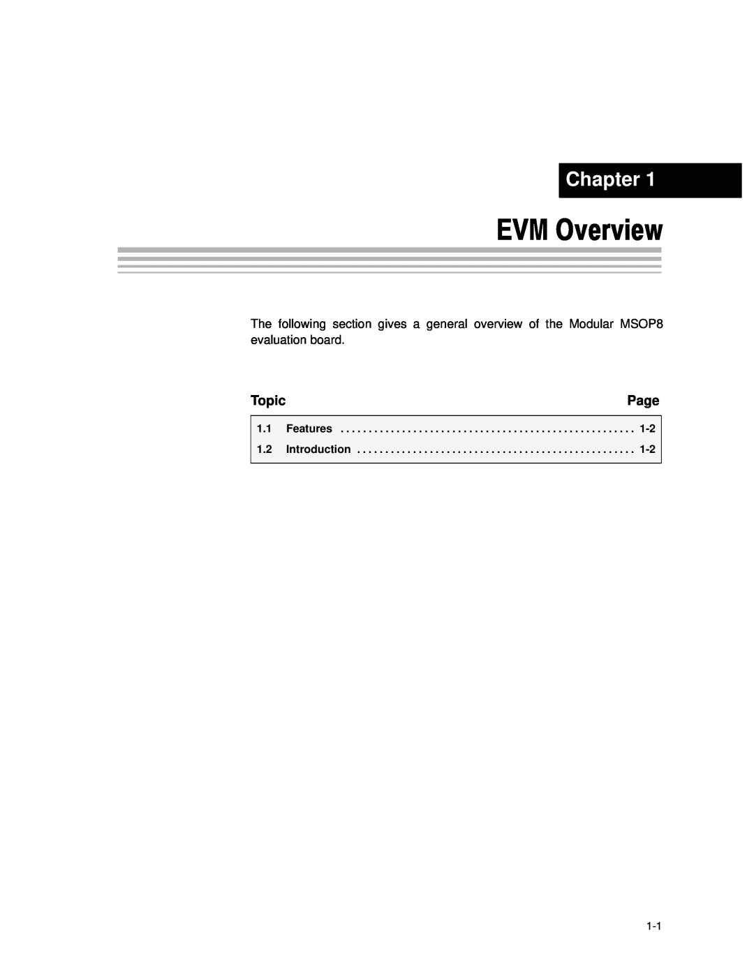 Texas Instruments MSOP8 manual EVM Overview, Chapter, Page, Topic, Features, Introduction 