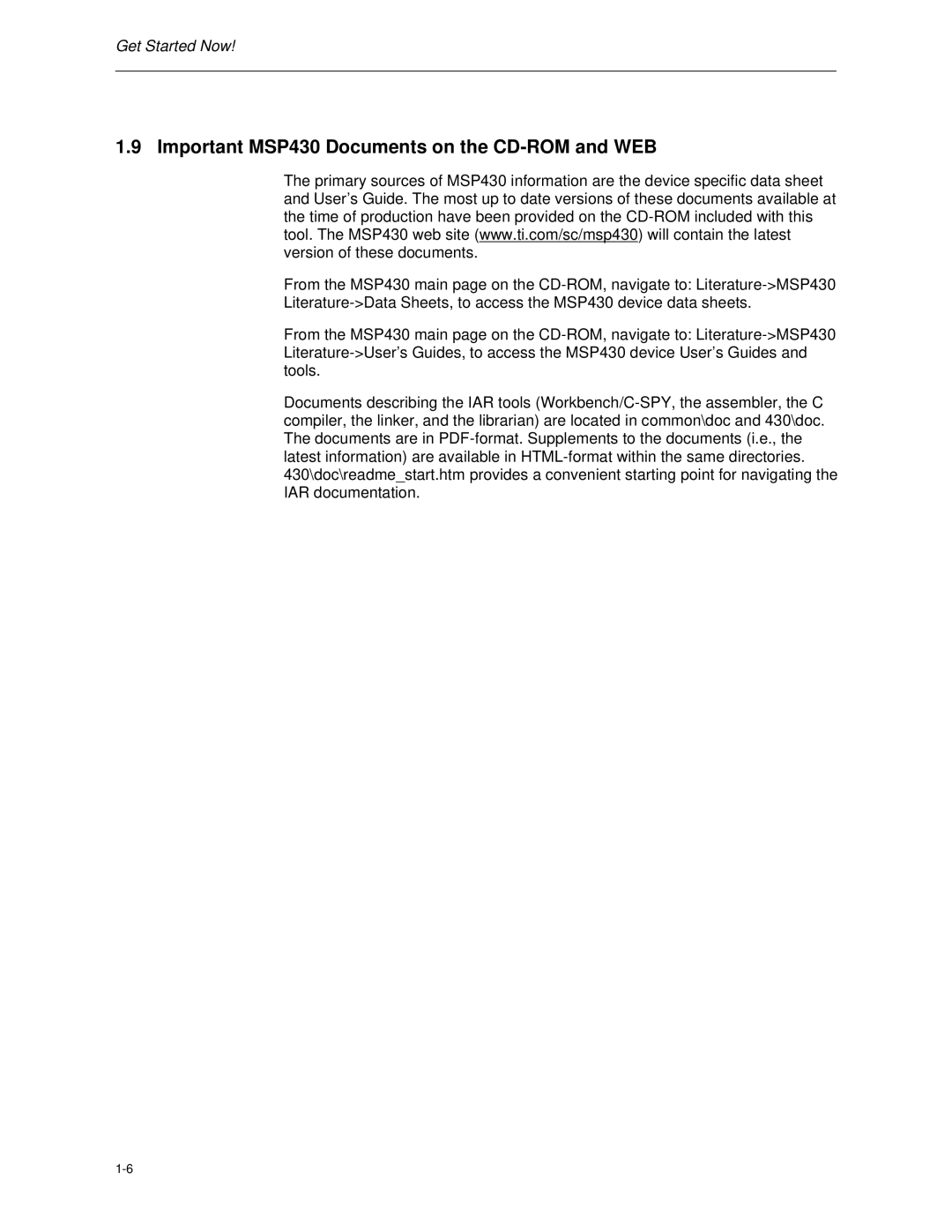 Texas Instruments MSP-FET430 manual Important MSP430 Documents on the CD-ROM and WEB 