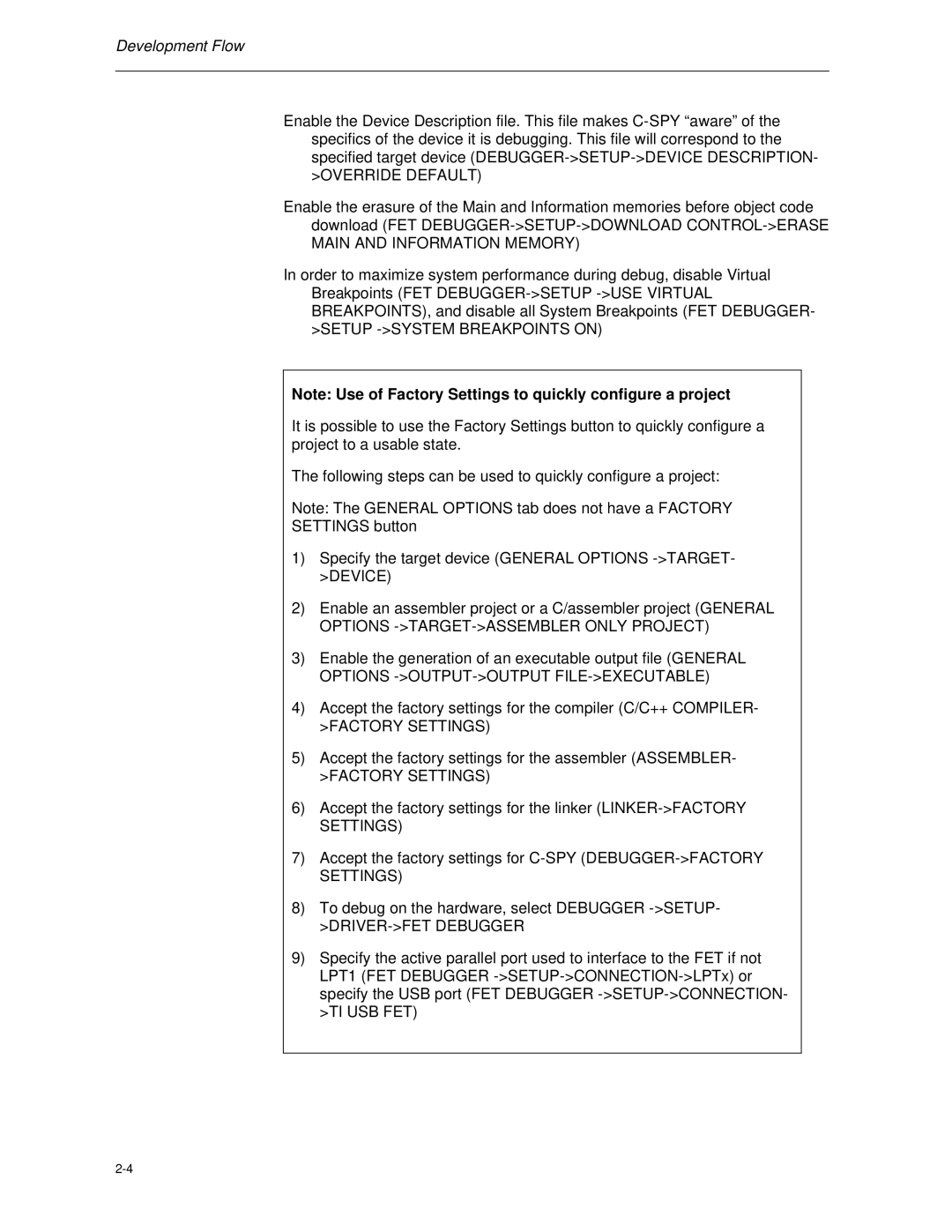 Texas Instruments MSP-FET430 manual Factory Settings 