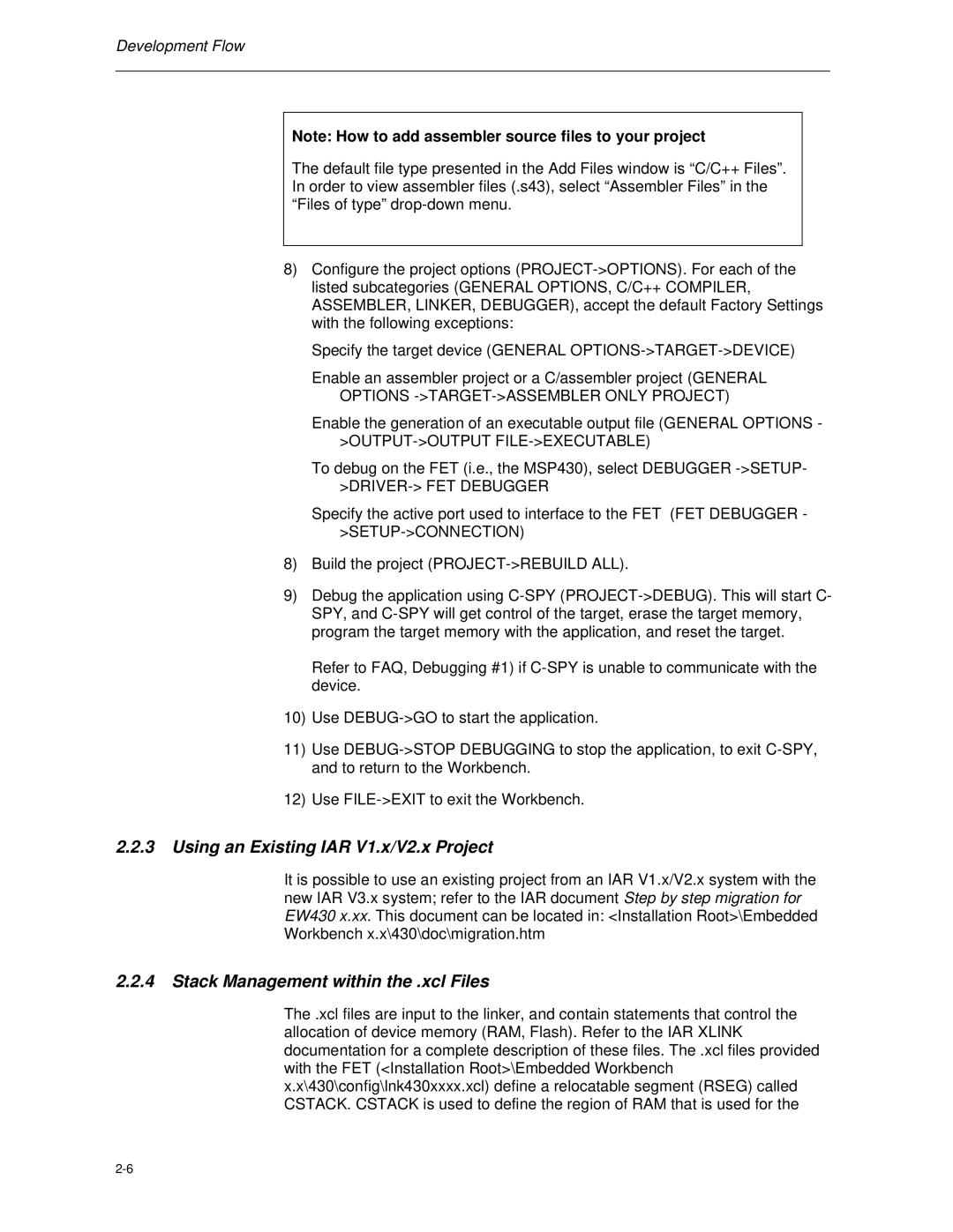 Texas Instruments MSP-FET430 manual Using an Existing IAR V1.x/V2.x Project, Stack Management within the .xcl Files 