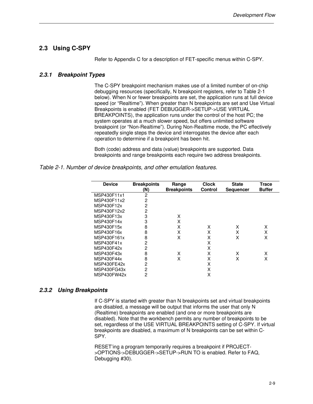 Texas Instruments MSP-FET430 manual Using C-SPY, Breakpoint Types, Using Breakpoints 