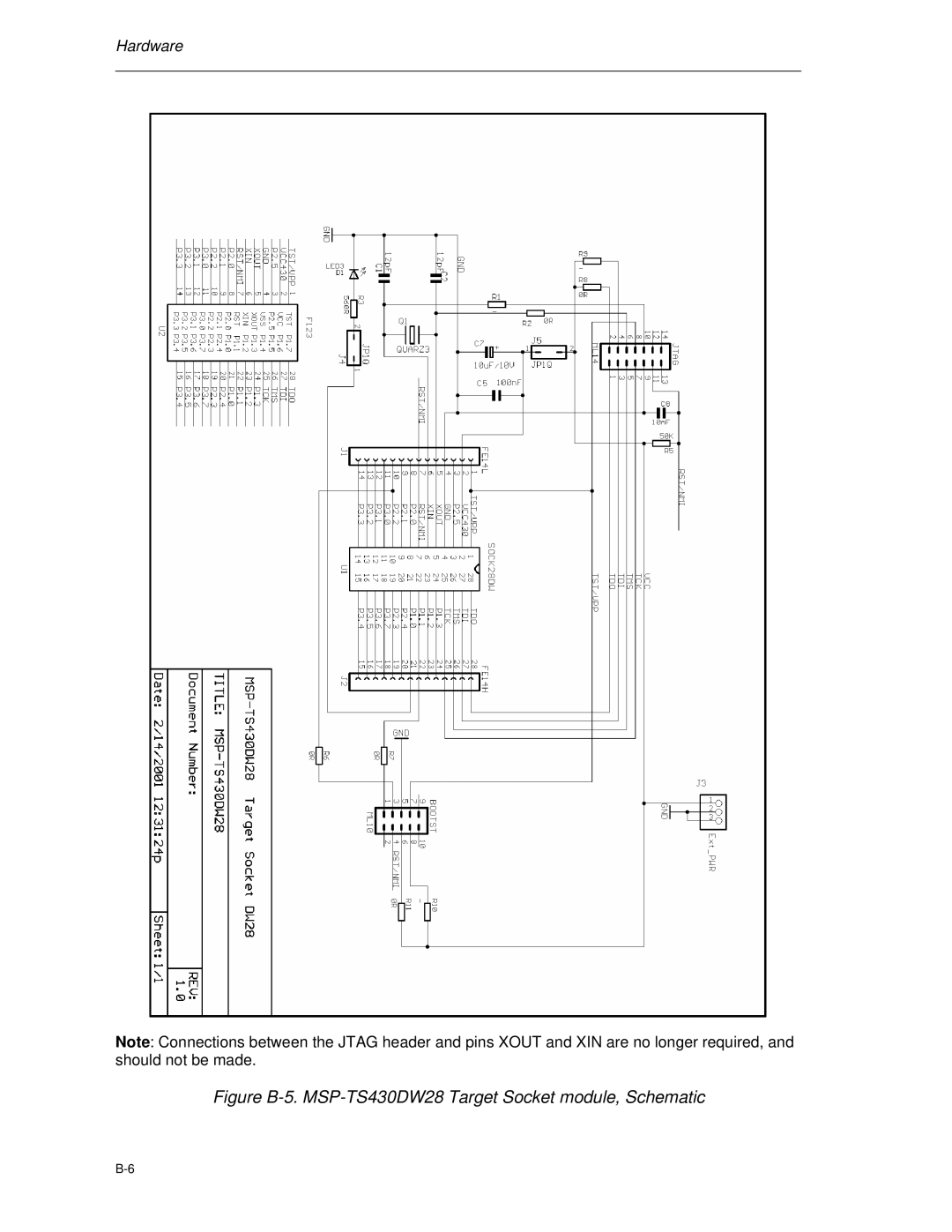 Texas Instruments MSP-FET430 manual Figure B-5. MSP-TS430DW28 Target Socket module, Schematic 