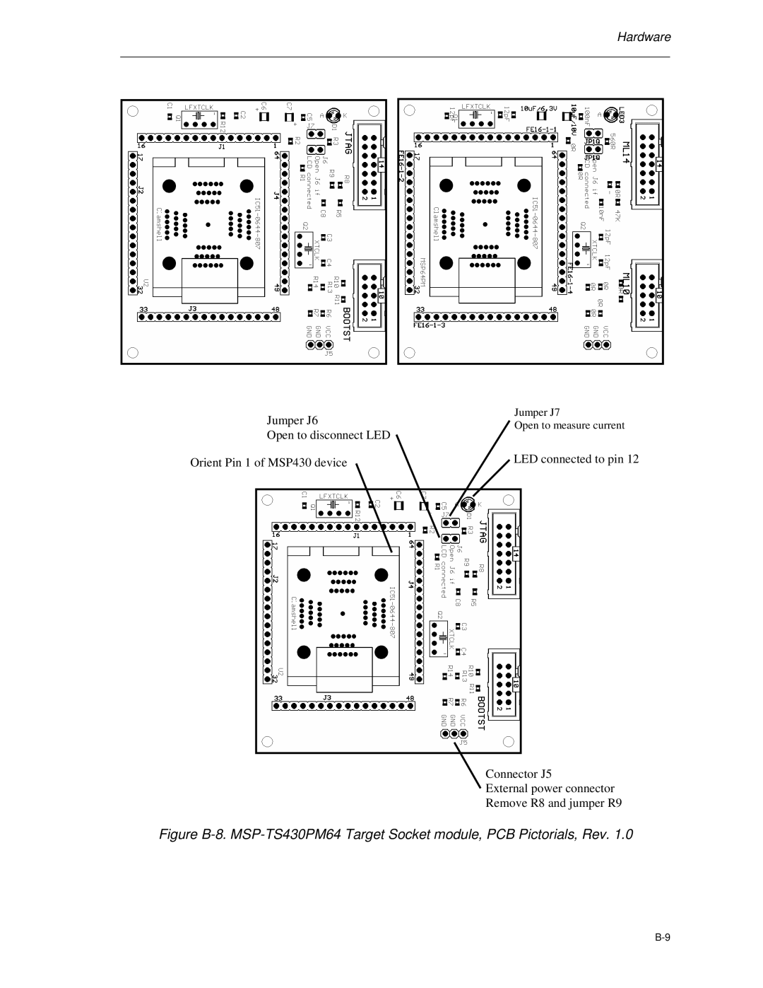 Texas Instruments MSP-FET430 manual Jumper J7 Jumper J6Open to measure current 