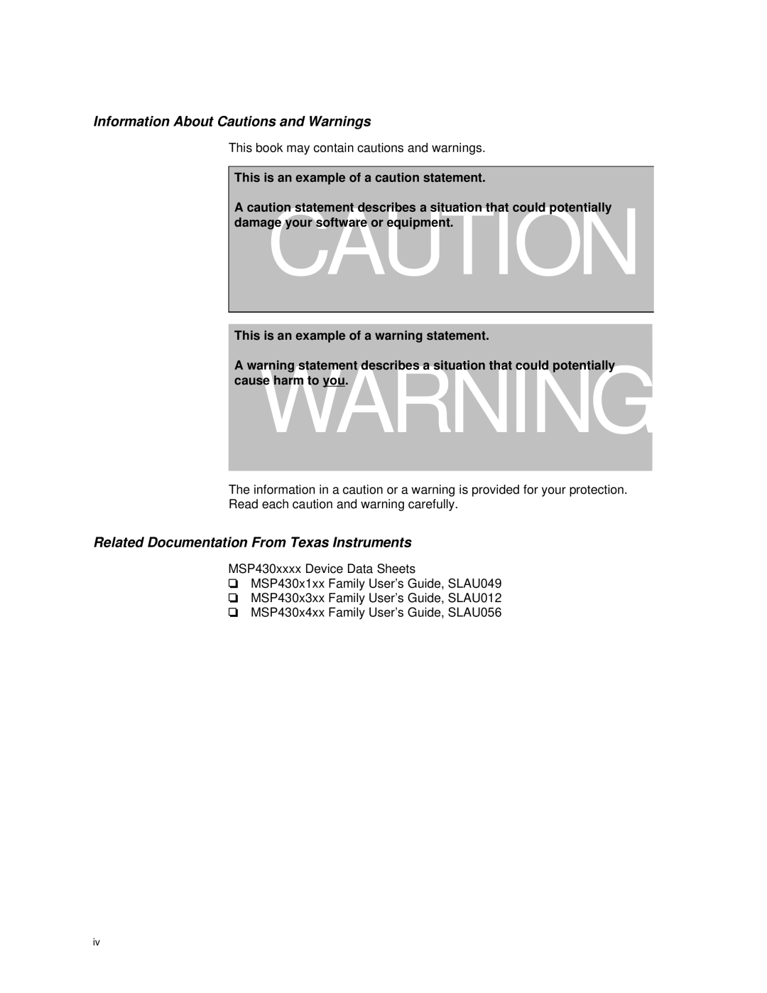 Texas Instruments MSP-FET430 manual Information About Cautions and Warnings, Related Documentation From Texas Instruments 