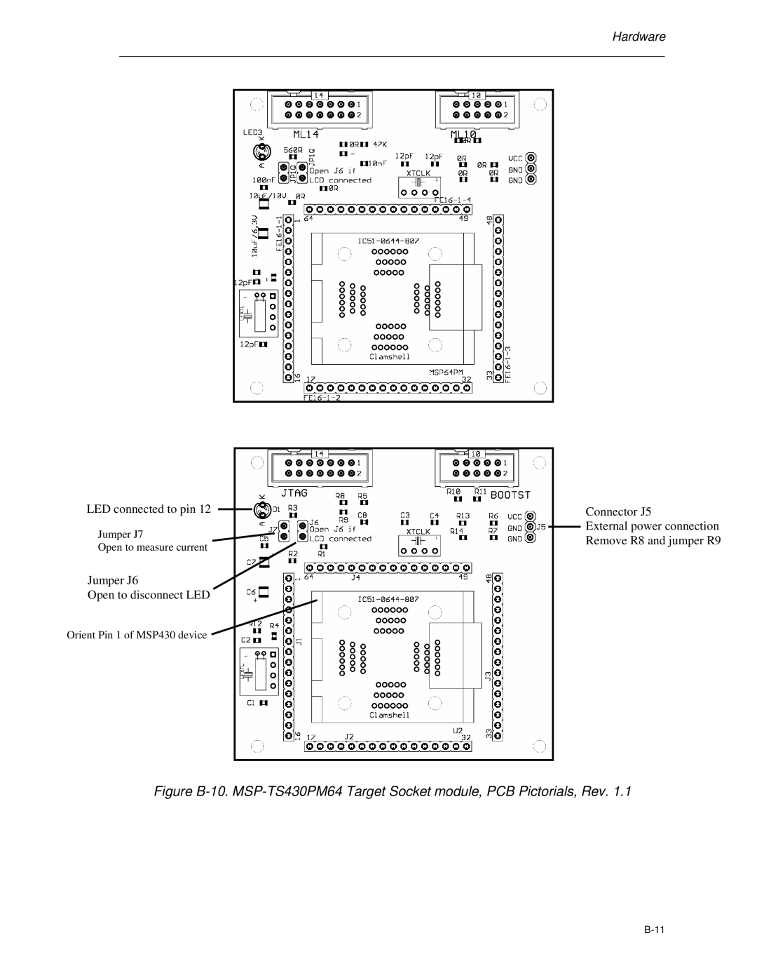 Texas Instruments MSP-FET430 manual Jumper J6 Open to disconnect LED 