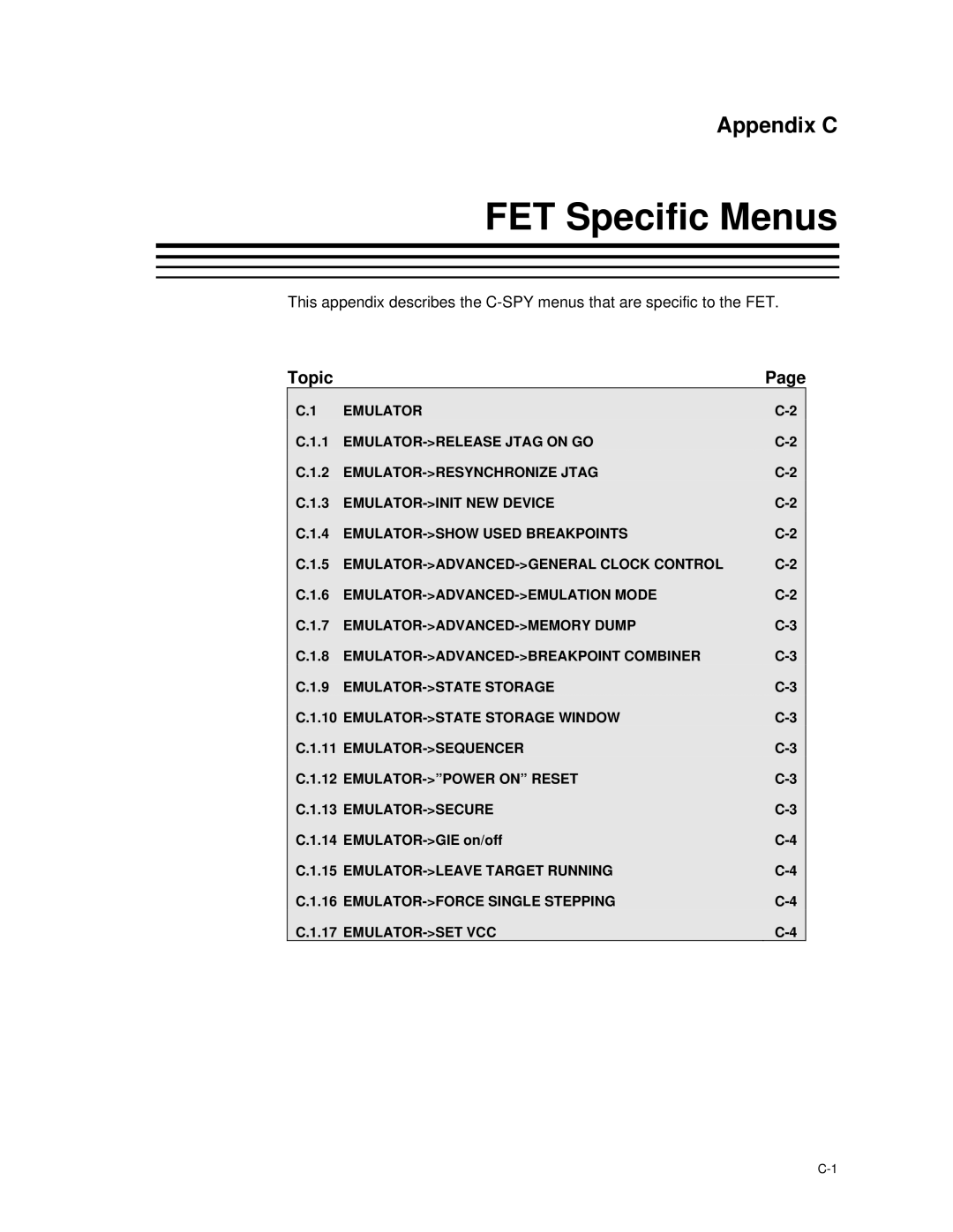 Texas Instruments MSP-FET430 manual FET Specific Menus 