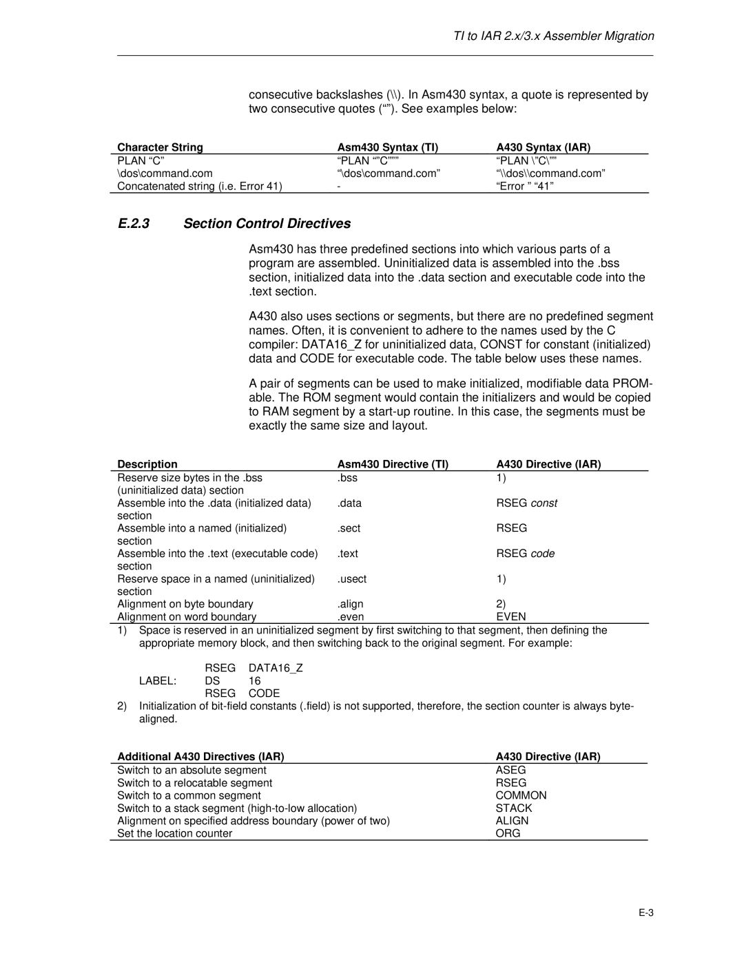 Texas Instruments MSP-FET430 manual Section Control Directives, Description Asm430 Directive TI A430 Directive IAR 